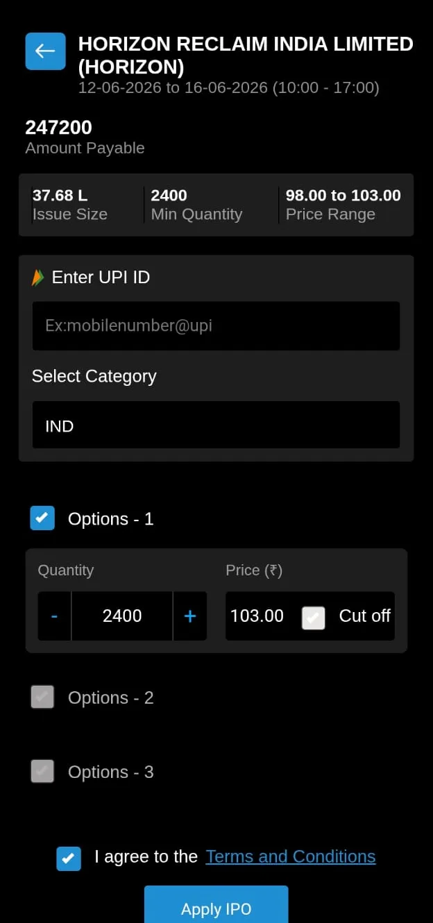 Navia app — IPO application screen with UPI