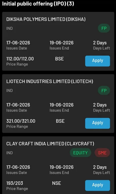 Navia app — live IPO list with Apply buttons