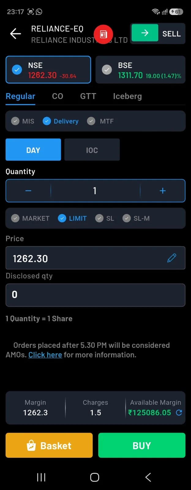 Navia app — order ticket with NSE/BSE best price and low charges