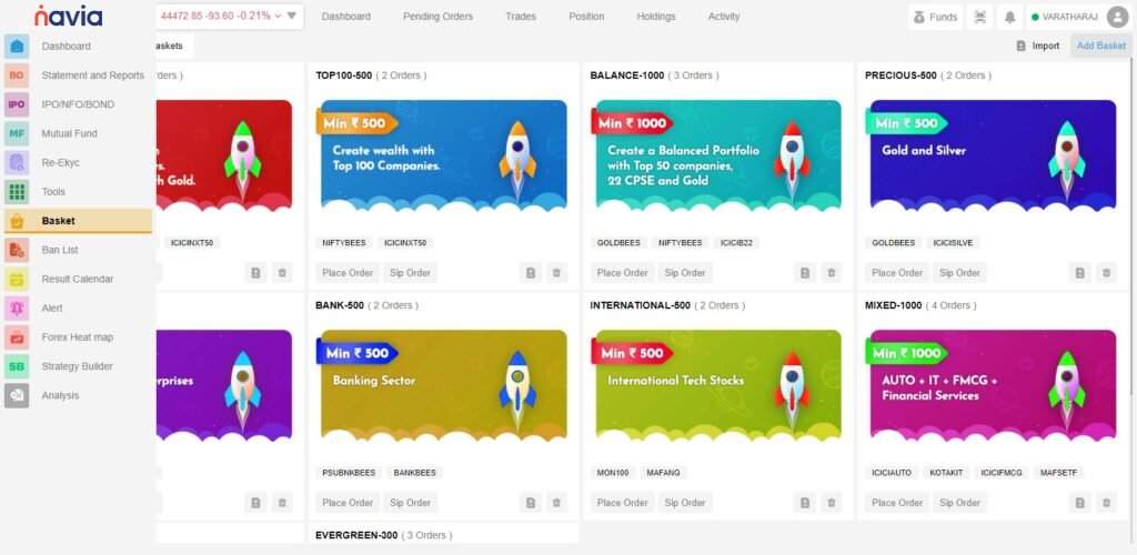 Navia Web platform showing the Default Baskets option